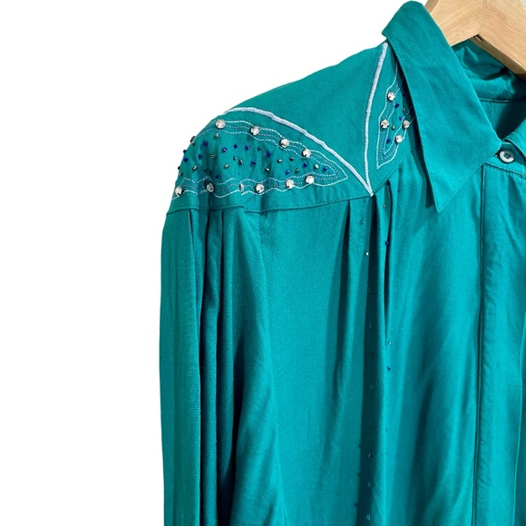 Vintage 1990s Women's Wrangler Western Collared Beaded Button Up Teal Blouse XL - Picture 5 of 13